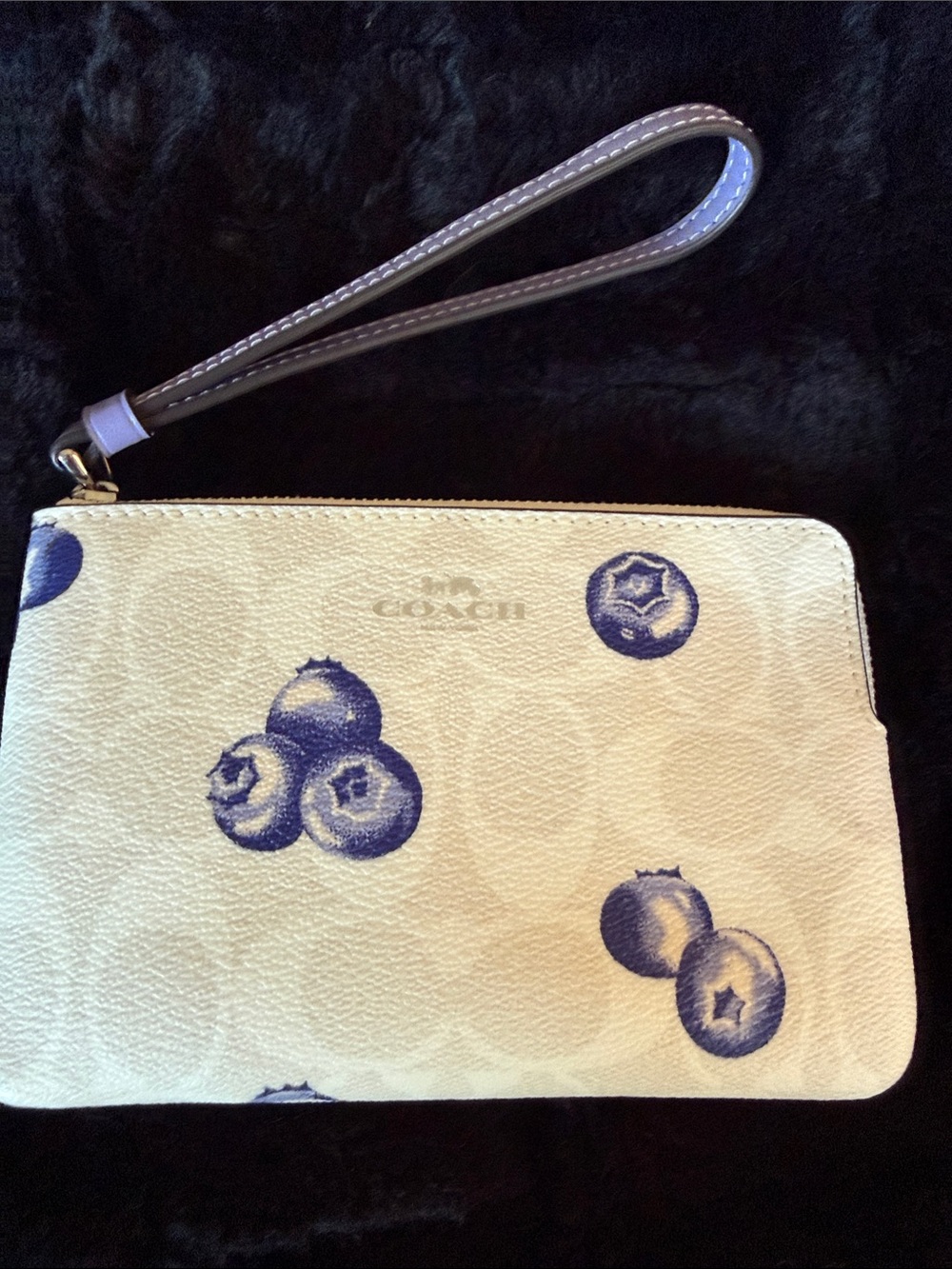 Coach Cream Wristlet with Blueberry Print and Purple Strap